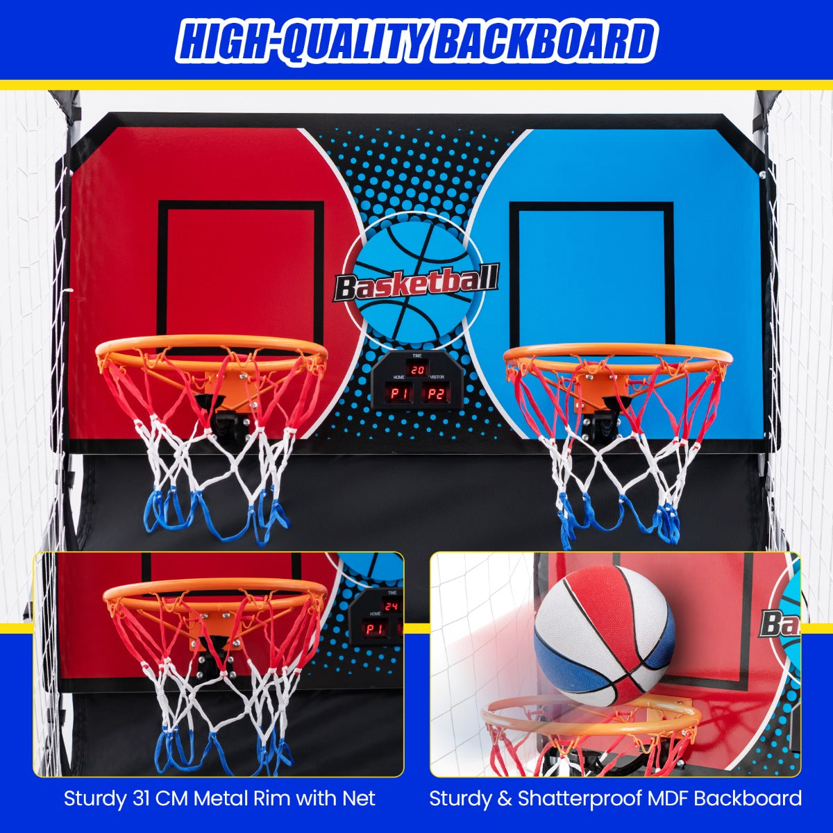 LIVSK Opvouwbaar Basketbal Arcadespel - 8 Spelstanden - Elektronisch Scoresysteem - Voor 1-4 Spelers - 206 x 110 x 206 cm - Rood