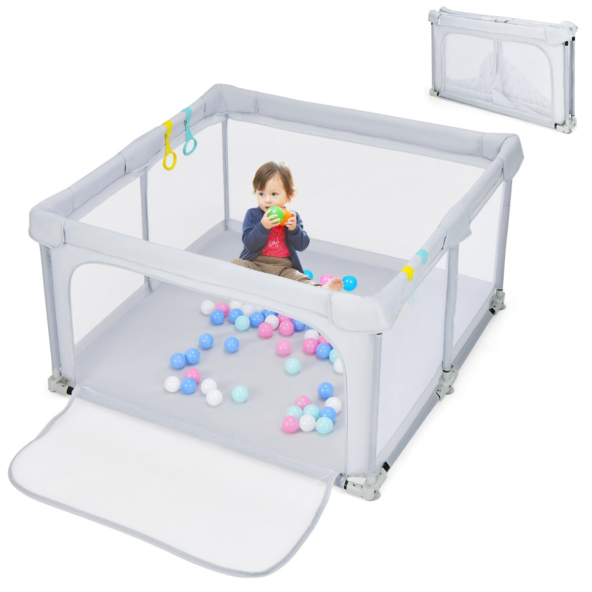 LIVSK Opvouwbare Baby Speelhoek - 50 Oceaanballen - 4 Handgrepen - Veilig en Duurzaam - 124 x 124 x 70 cm - Grijs
