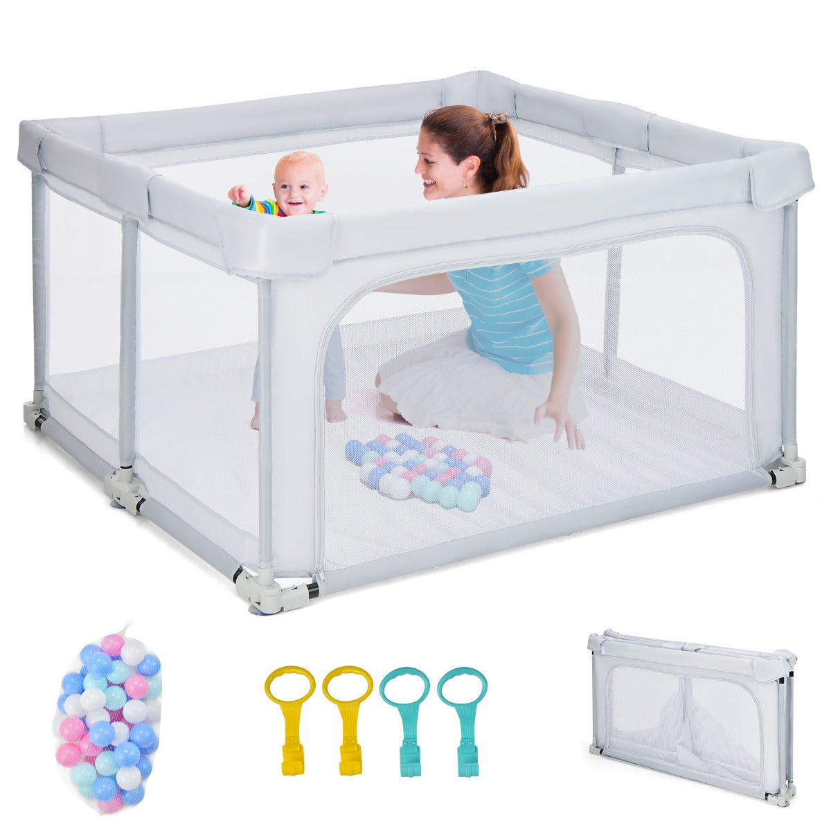 LIVSK Opvouwbare Baby Speelhoek - 50 Oceaanballen - 4 Handgrepen - Veilig en Duurzaam - 124 x 124 x 70 cm - Grijs