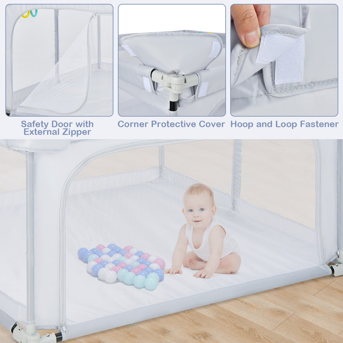 LIVSK Opvouwbare Baby Speelhoek - 50 Oceaanballen - 4 Handgrepen - Veilig en Duurzaam - 124 x 124 x 70 cm - Grijs