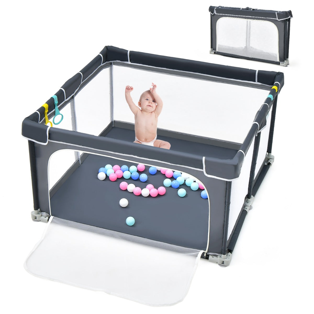 LIVSK Opvouwbare Baby Speelhoek - 4 Handgrepen - 50 Oceaanballen - Veilig en Duurzaam - 124 x 124 x 70 cm - Donkergrijs