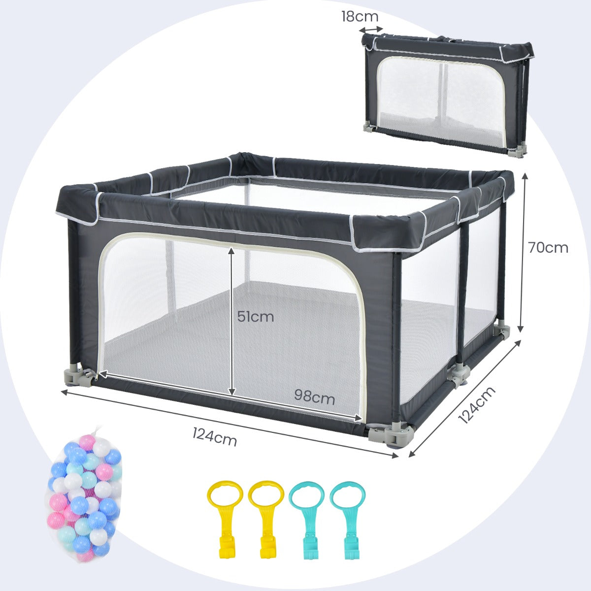 LIVSK Opvouwbare Baby Speelhoek - 4 Handgrepen - 50 Oceaanballen - Veilig en Duurzaam - 124 x 124 x 70 cm - Donkergrijs