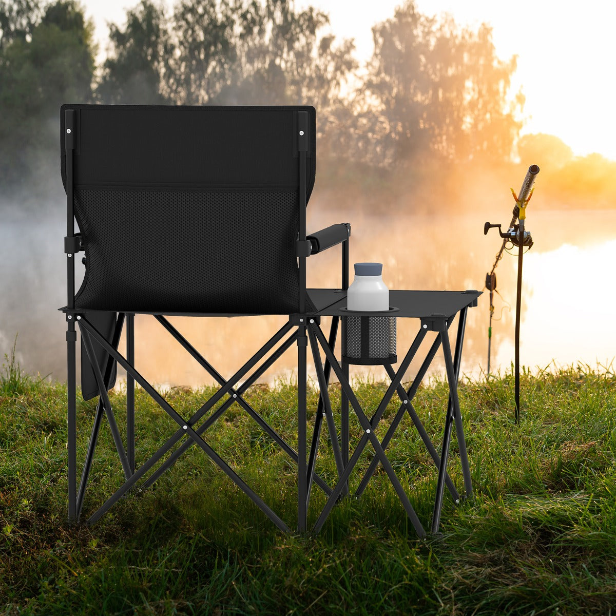 LIVSK Picknickstoel Set - Opvouwbaar met Zijtafel en Bekerhouder - Duurzaam en Comfortabel - Tot 150 kg - Zwart