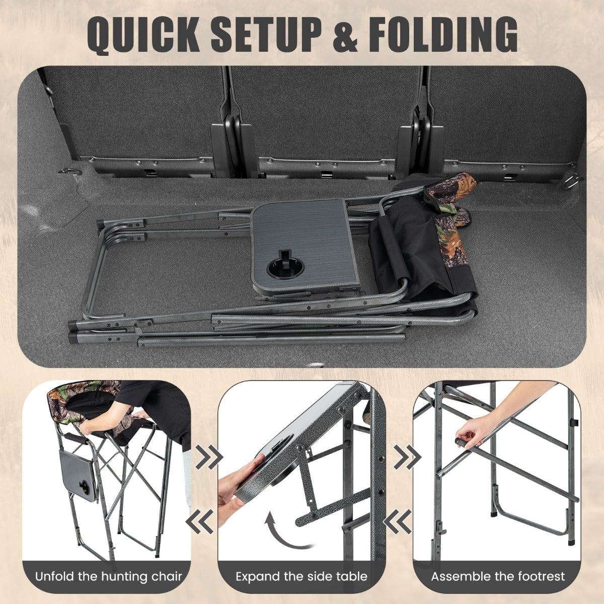 LIVSK Camouflage Campingstoel - Inklapbaar met Voetensteun en Bekerhouder - Ergonomisch en Draagbaar - Tot 150 kg -