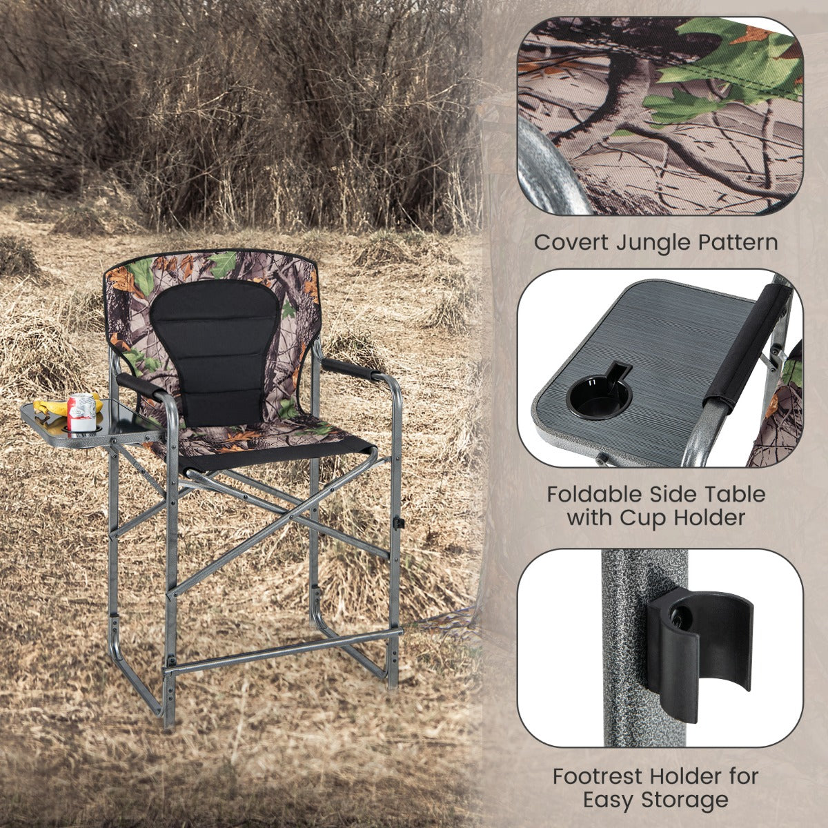 LIVSK Camouflage Campingstoel - Inklapbaar met Voetensteun en Bekerhouder - Ergonomisch en Draagbaar - Tot 150 kg -