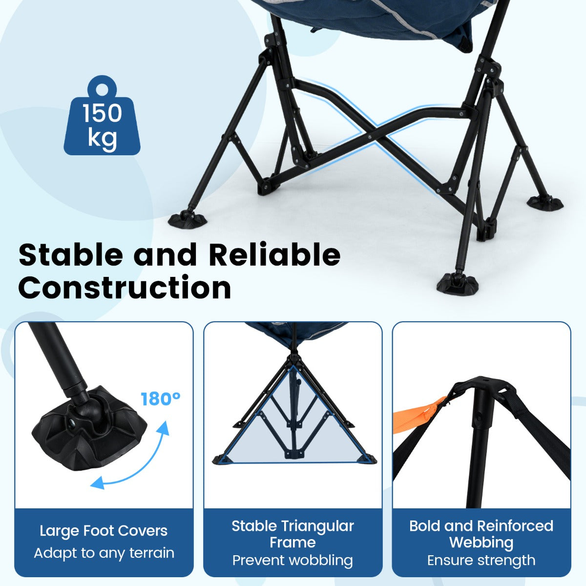LIVSK oversized campingstoel - Verstelbare rugleuning 90° tot 150° - Gevoerd comfort - Inclusief draagtas - Tot 150 kg - Blauw