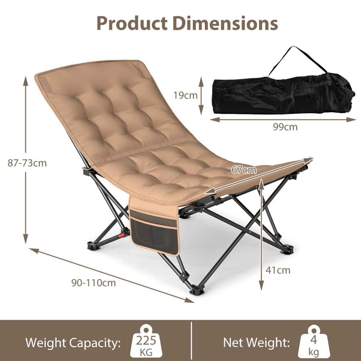 LIVSK Opvouwbare Campingstoel - Verstelbare Rugleuning - Draagvermogen 225 kg - Duurzaam Oxford-stof - Ergonomisch - Khaki