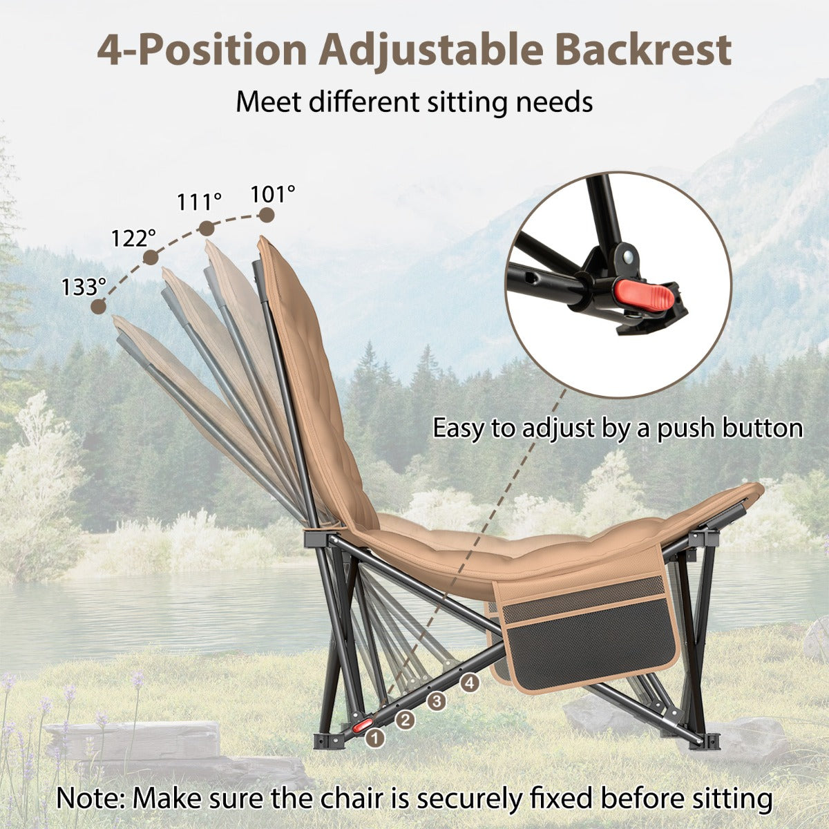 LIVSK Opvouwbare Campingstoel - Verstelbare Rugleuning - Draagvermogen 225 kg - Duurzaam Oxford-stof - Ergonomisch - Khaki