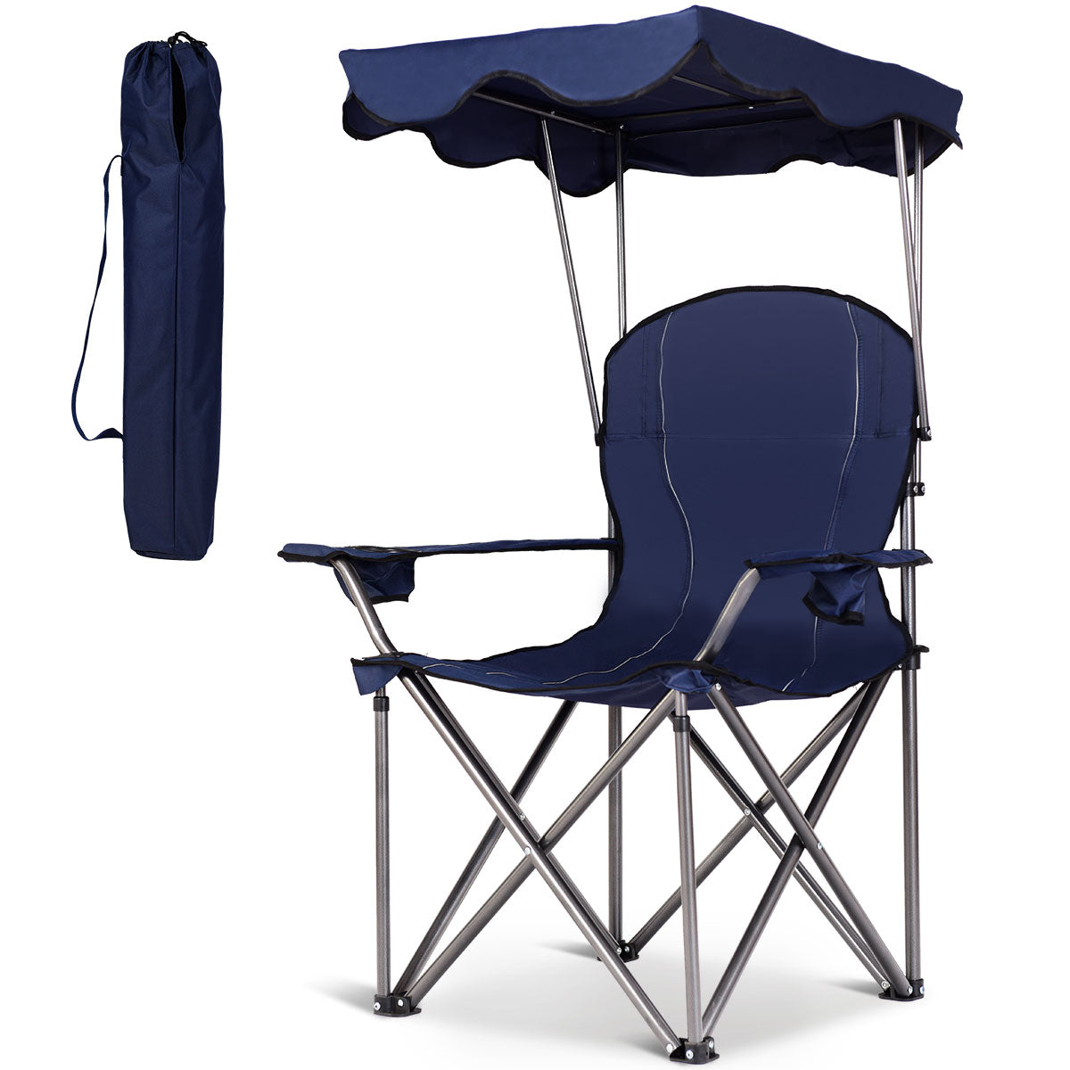 LIVSK Opvouwbare Campingstoel met Zonneluifel en Bekerhouder - Lichtgewicht - 120 kg Draagvermogen - 96,5 x 67,5 x 130 cm - Blauw