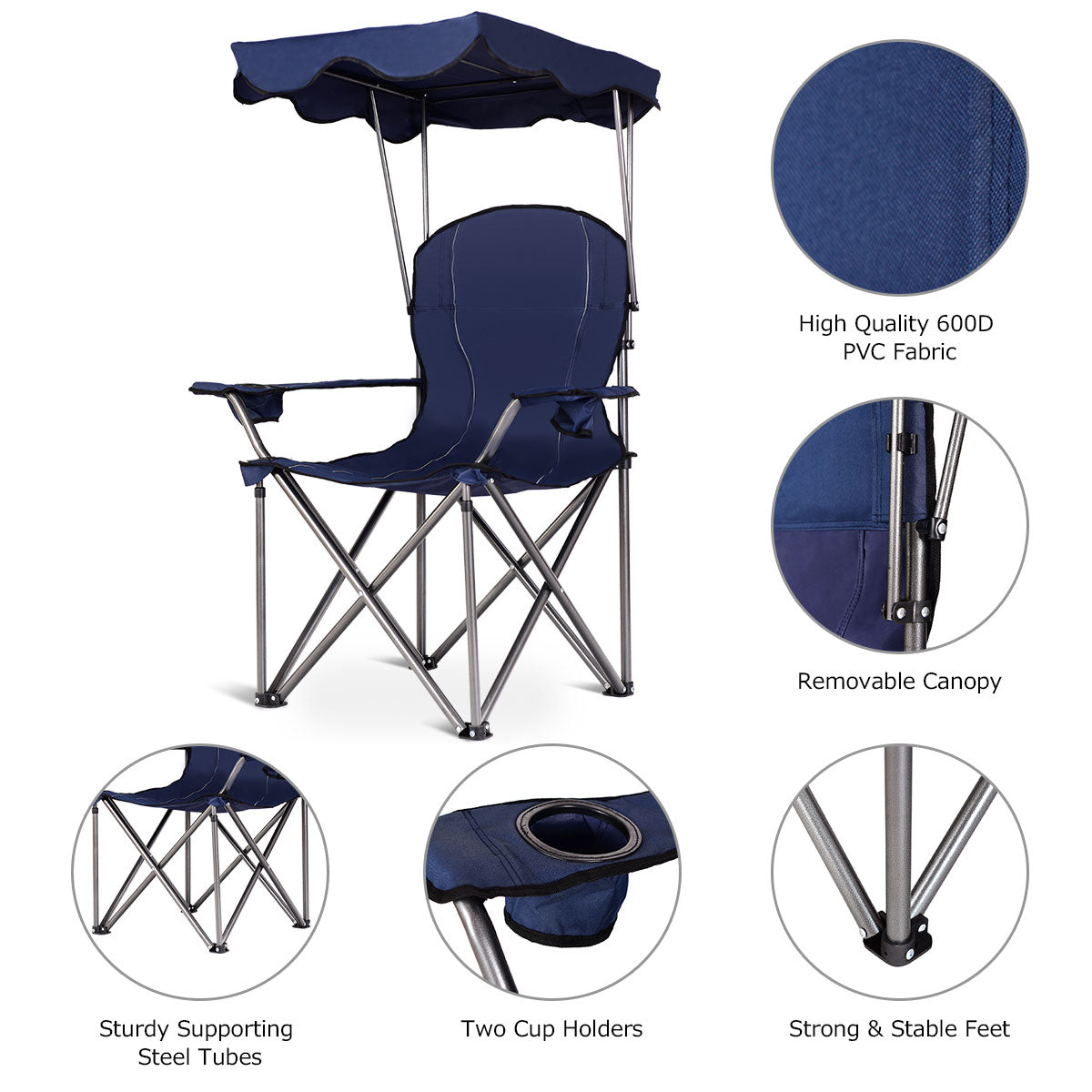LIVSK Opvouwbare Campingstoel met Zonneluifel en Bekerhouder - Lichtgewicht - 120 kg Draagvermogen - 96,5 x 67,5 x 130 cm - Blauw