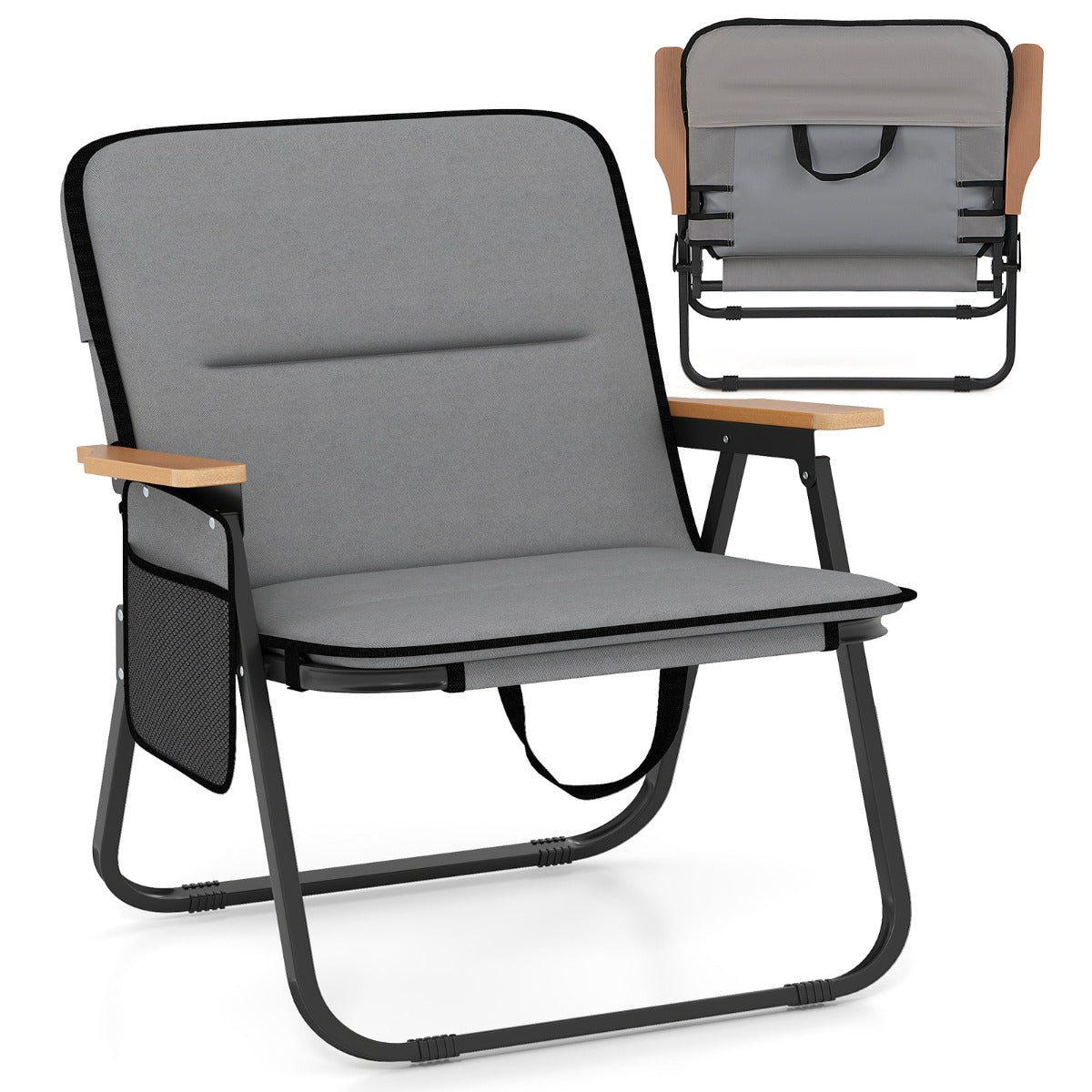 LIVSK Opvouwbare Tuinstoelen Set van 2 - Draagvermogen 150 kg - Ergonomisch met Afneembaar Kussen - Inclusief Zijvak - Grijs