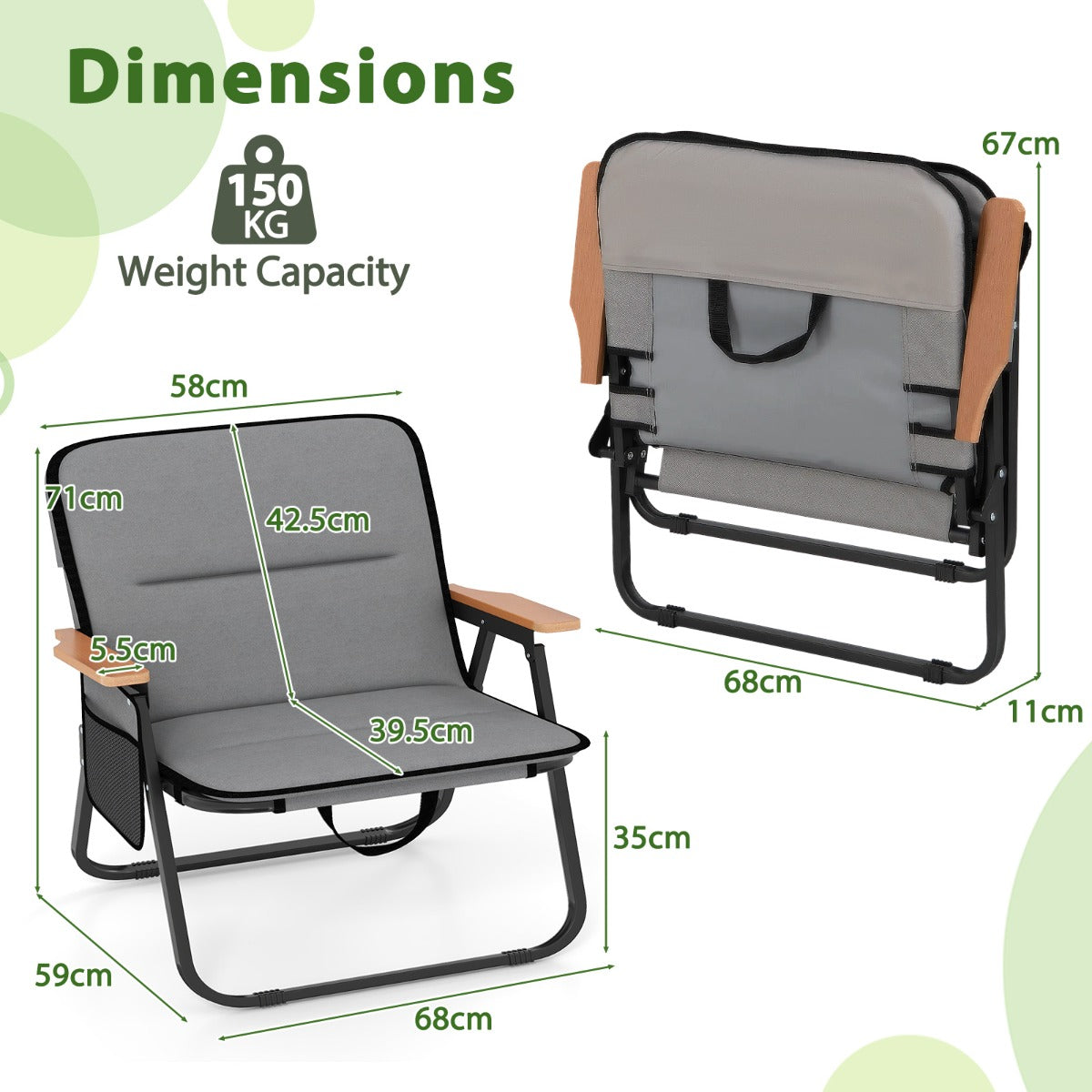 LIVSK Opvouwbare Tuinstoelen Set van 2 - Draagvermogen 150 kg - Ergonomisch met Afneembaar Kussen - Inclusief Zijvak - Grijs