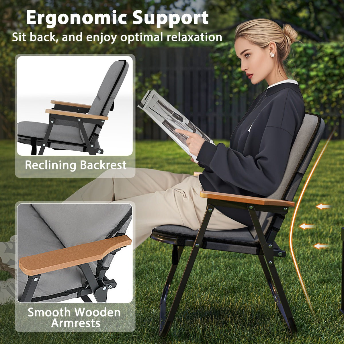LIVSK Opvouwbare Tuinstoelen Set van 2 - Draagvermogen 150 kg - Ergonomisch met Afneembaar Kussen - Inclusief Zijvak - Grijs