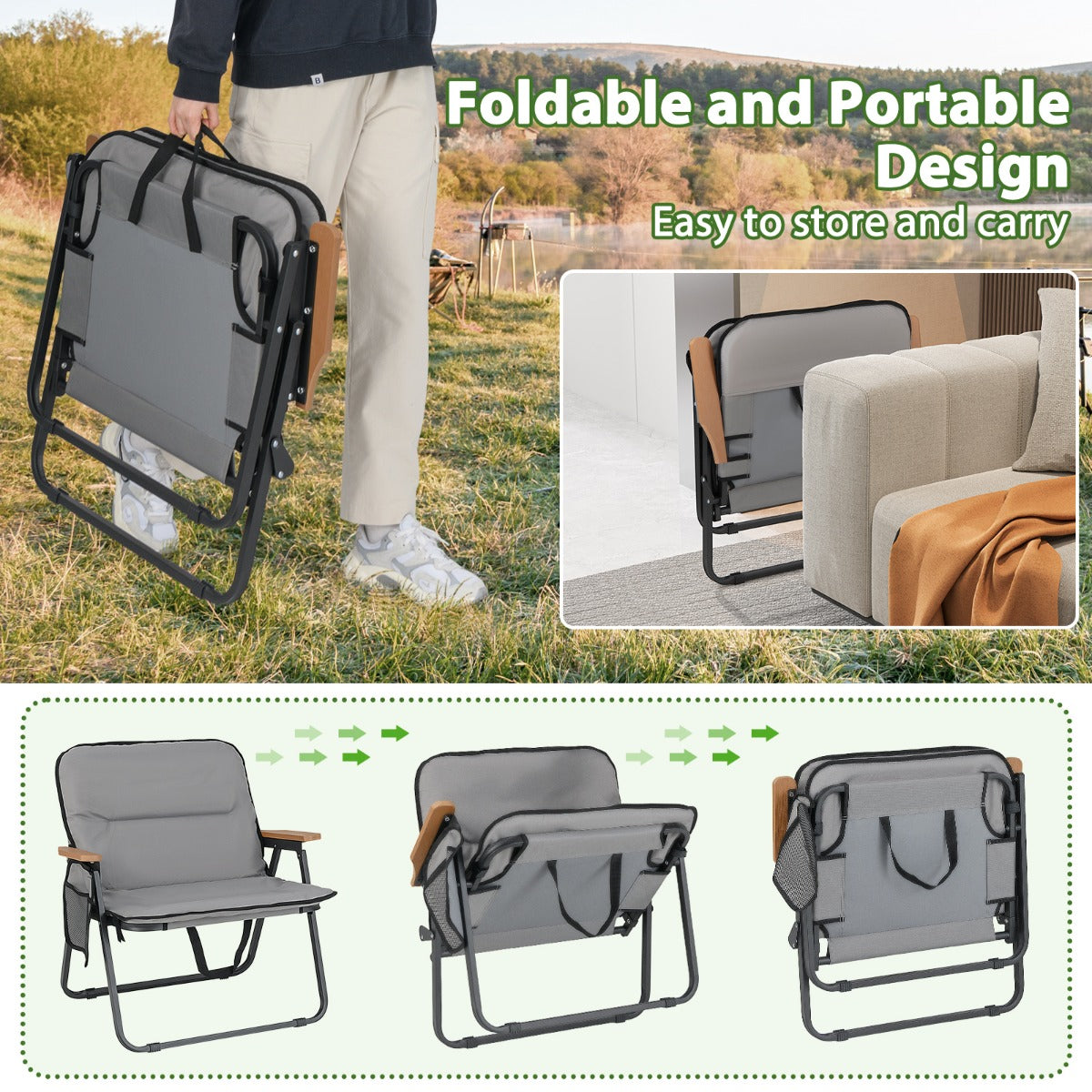 LIVSK Opvouwbare Tuinstoelen Set van 2 - Draagvermogen 150 kg - Ergonomisch met Afneembaar Kussen - Inclusief Zijvak - Grijs