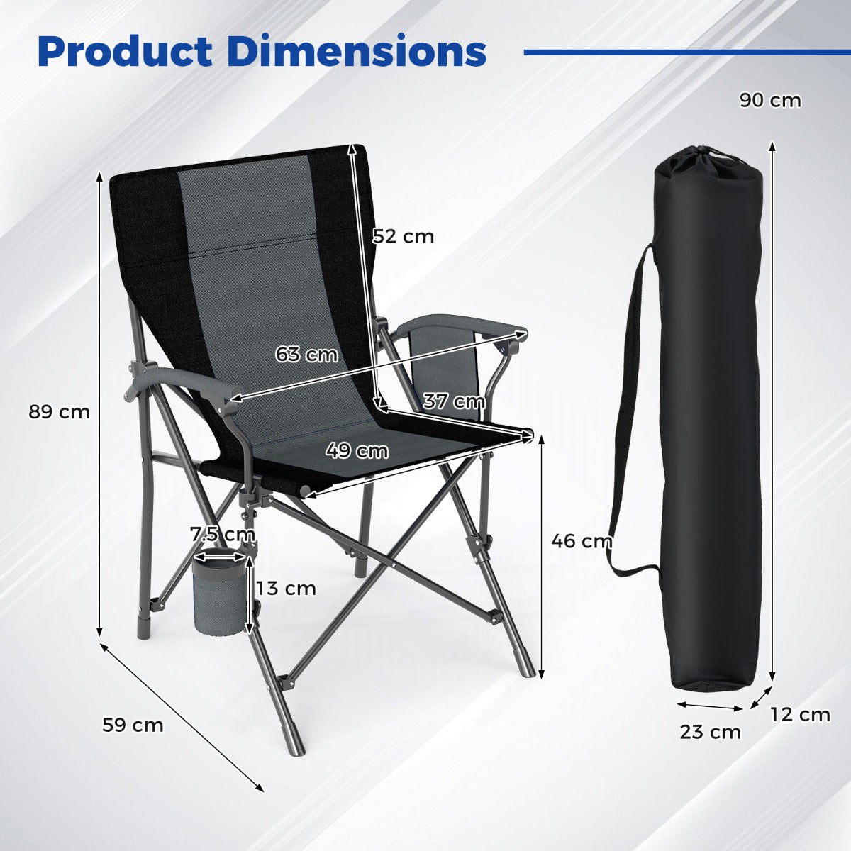 LIVSK Opvouwbare Campingstoel - Ergonomische Rugleuning - Scheurbestendig - Bekerhouder - Tot 150 kg - Zwart + Grijs