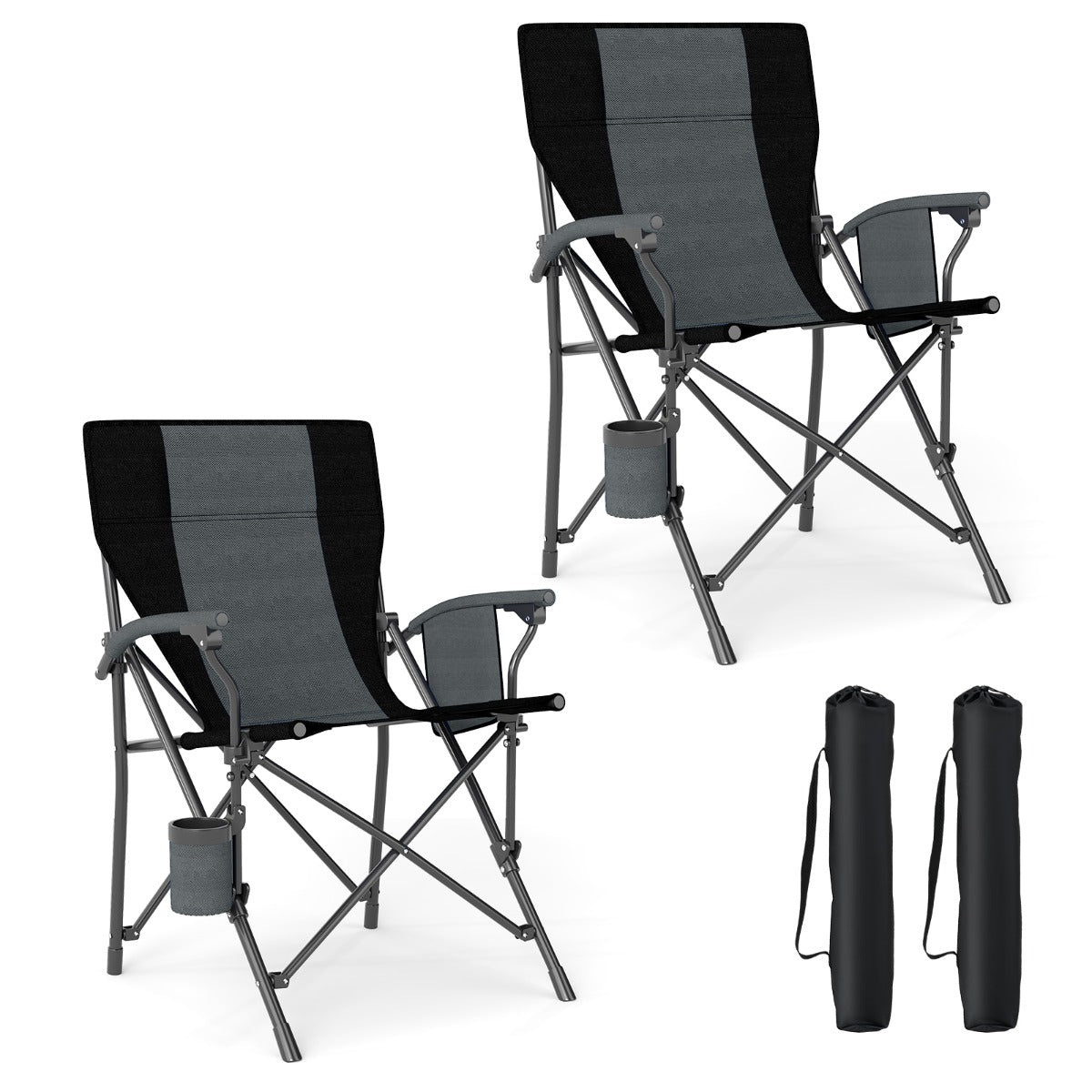 LIVSK Opvouwbare Campingstoel - Ergonomische Rugleuning - Scheurbestendig - Bekerhouder - Tot 150 kg - Zwart + Grijs