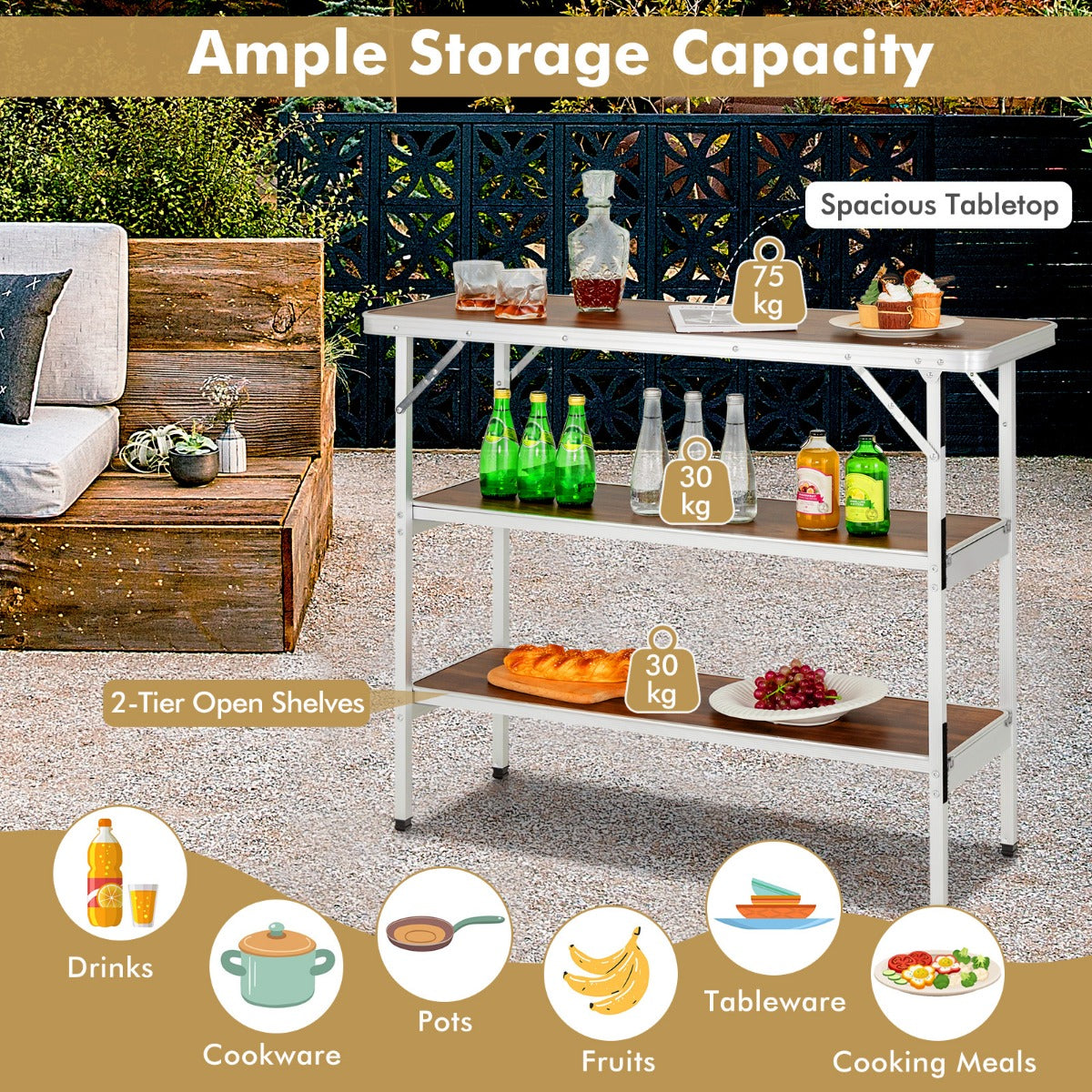 LIVSK Opvouwbare Campingtafel - Lichtgewicht Aluminium - Inclusief Opbergtas - Ruime Opbergruimte - 110 x 38 x 88 cm - Koffie en