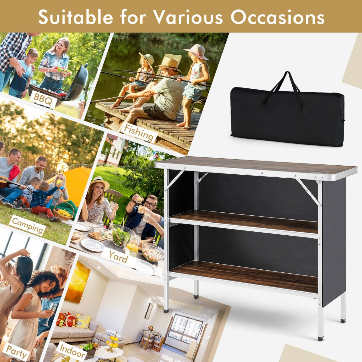 LIVSK Opvouwbare Campingtafel - Lichtgewicht Aluminium - Inclusief Opbergtas - Ruime Opbergruimte - 110 x 38 x 88 cm - Koffie en