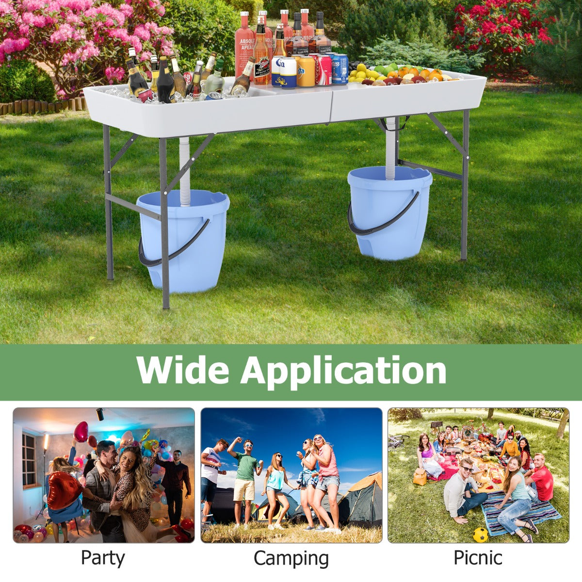 LIVSK Koeltafel met Dubbele Spoelbak - Opvouwbaar en Draagbaar - Weerbestendig HDPE - Tot 100 kg - Wit