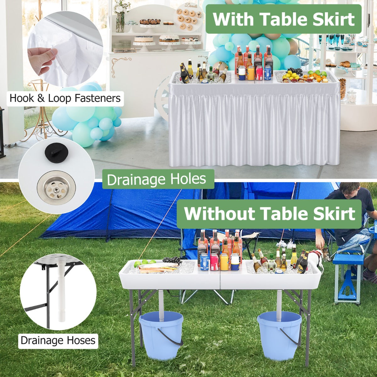 LIVSK Koeltafel met Dubbele Spoelbak - Opvouwbaar en Draagbaar - Weerbestendig HDPE - Tot 100 kg - Wit