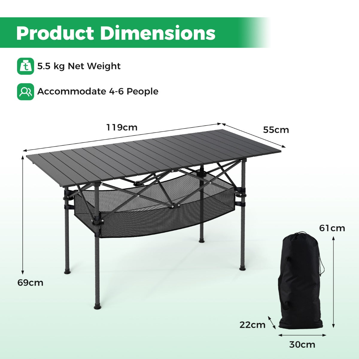 LIVSK Opvouwbare Campingtafel - Aluminium - Eenvoudig op te zetten - Draagtas en netmand inbegrepen - Tot 100 kg - Zwart