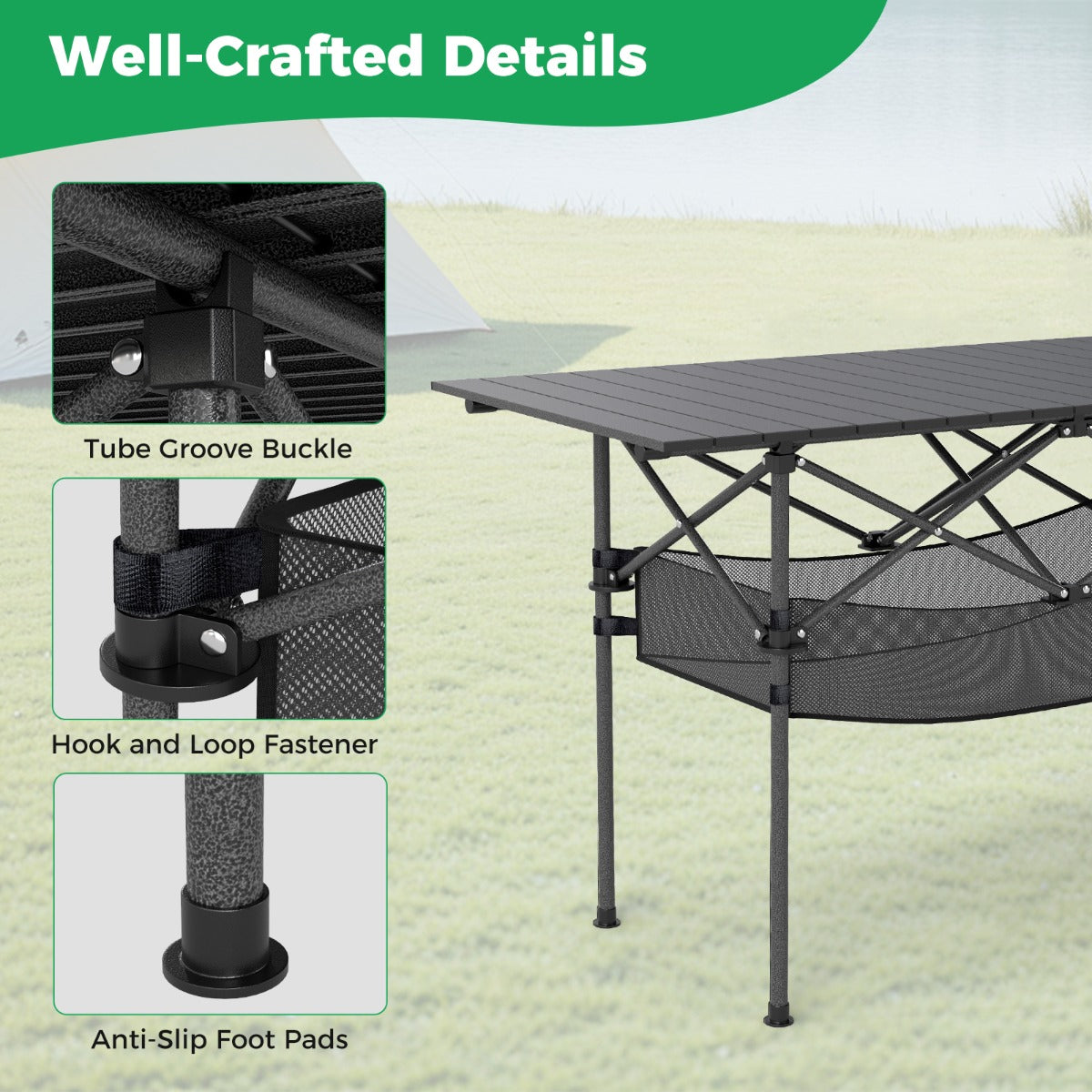 LIVSK Opvouwbare Campingtafel - Aluminium - Eenvoudig op te zetten - Draagtas en netmand inbegrepen - Tot 100 kg - Zwart
