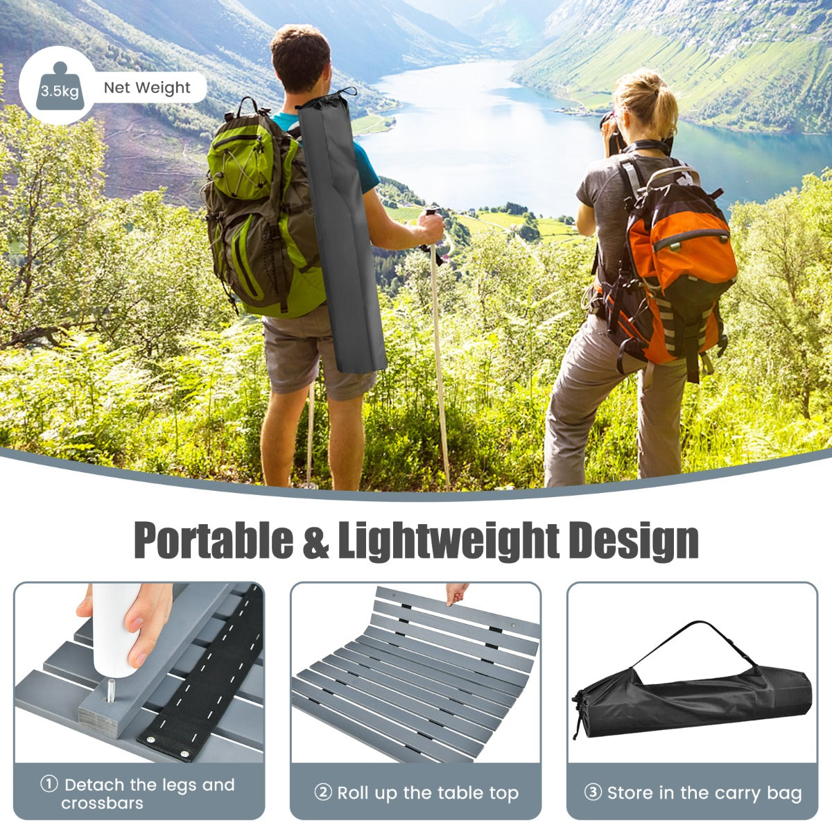 LIVSK Opvouwbare Campingtafel - Natuurlijk Dennenhout - Oprolbaar Blad - Draagtas - Voor 4 Personen - 69 x 69 x 42 cm - Grijs