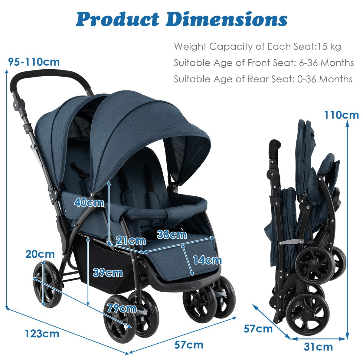 Livsk costway opvouwbare dubbele kinderwagen voor babys met zonnekap 5 punts veiligheidsgordel verstelbare rugleuning vergrendelbare wielen blauw 2