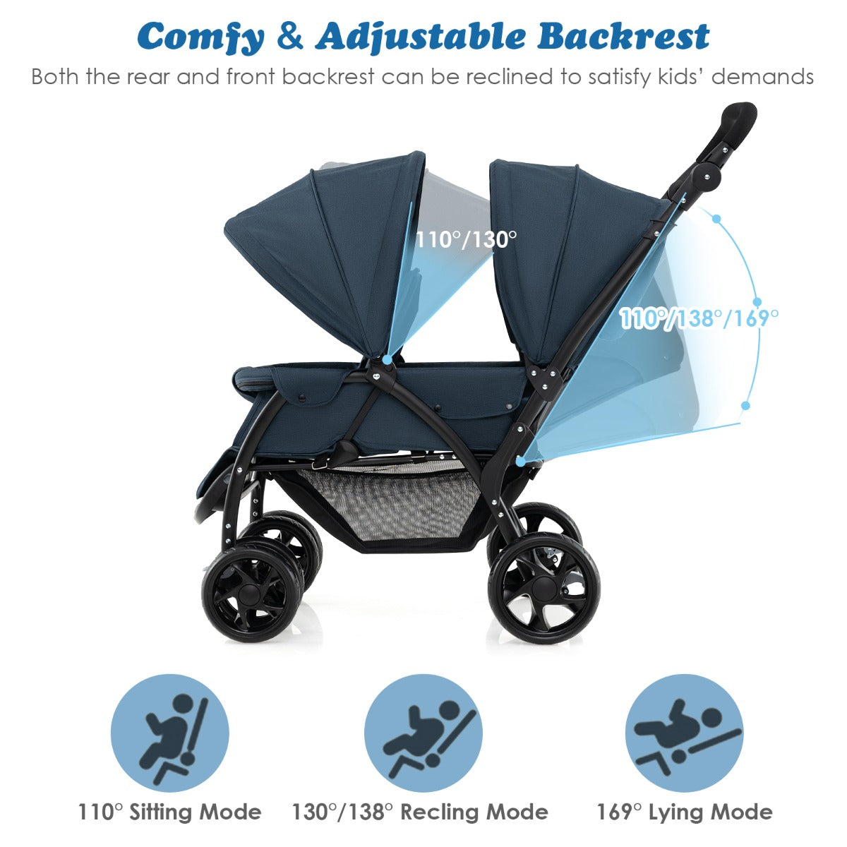 Livsk costway opvouwbare dubbele kinderwagen voor babys met zonnekap 5 punts veiligheidsgordel verstelbare rugleuning vergrendelbare wielen blauw 3