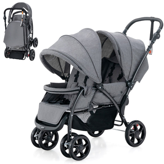 LIVSK Opvouwbare Tandem Kinderwagen voor 2 Peuters - Verstelbare Rugleuning en Zonnekap - 5-Punts Veiligheidsgordel - Grijs
