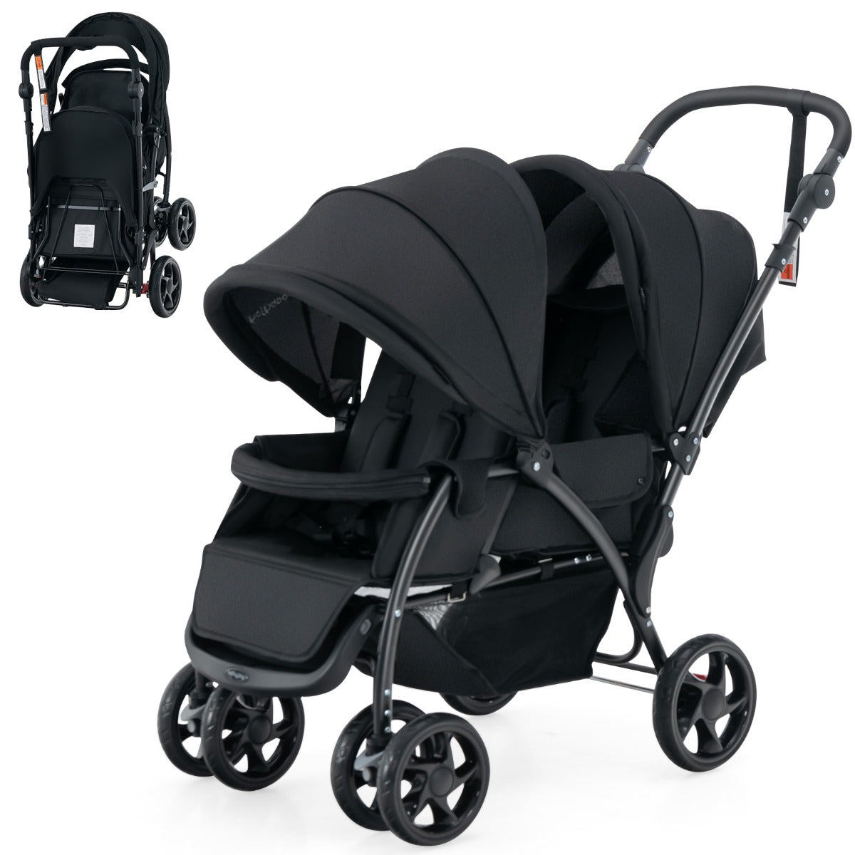 LIVSK Tandem Kinderwagen - Verstelbare Rugleuningen - 5-Punts Veiligheidsgordel - Opvouwbaar - Geschikt voor 2 Peuters - Zwart