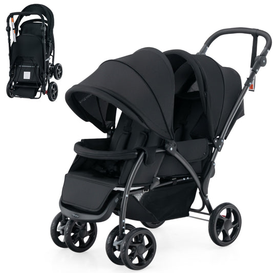 LIVSK Tandem Kinderwagen - Verstelbare Rugleuningen - 5-Punts Veiligheidsgordel - Opvouwbaar - Geschikt voor 2 Peuters - Zwart