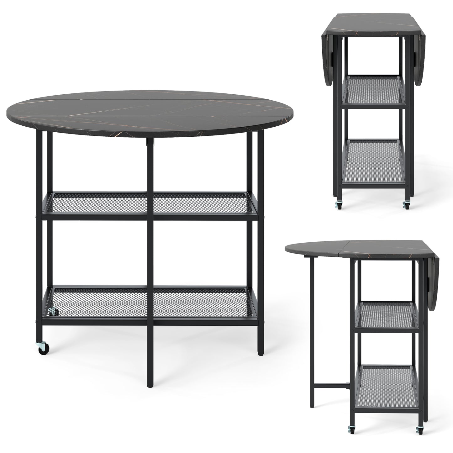 LIVSK Opvouwbare Eettafel - Diameter 100 cm - Voor 2-4 Personen - Klapblad Ontwerp - Vergrendelbare Wielen - Zwart