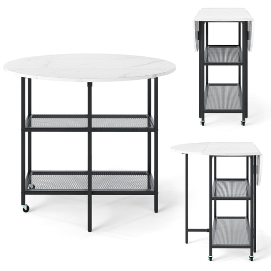 LIVSK Opklapbare Eettafel - Voor 2-4 Personen - 2-laags Opbergrek - Vergrendelbare Wielen - Ruimtebesparend - Wit