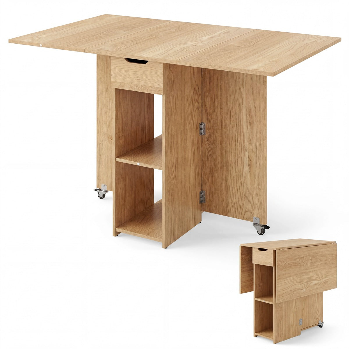Livsk costway opvouwbare eettafel met twee zwenkwielen twee planken en een lade naturelkleurige opvouwbare tafel 1