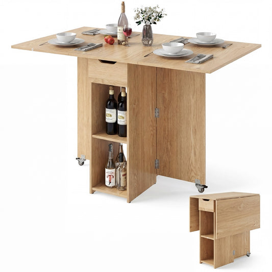 Livsk costway opvouwbare eettafel met twee zwenkwielen twee planken en een lade naturelkleurige opvouwbare tafel