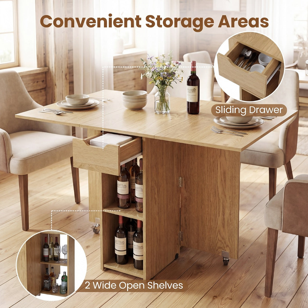 Livsk costway opvouwbare eettafel met twee zwenkwielen twee planken en een lade naturelkleurige opvouwbare tafel