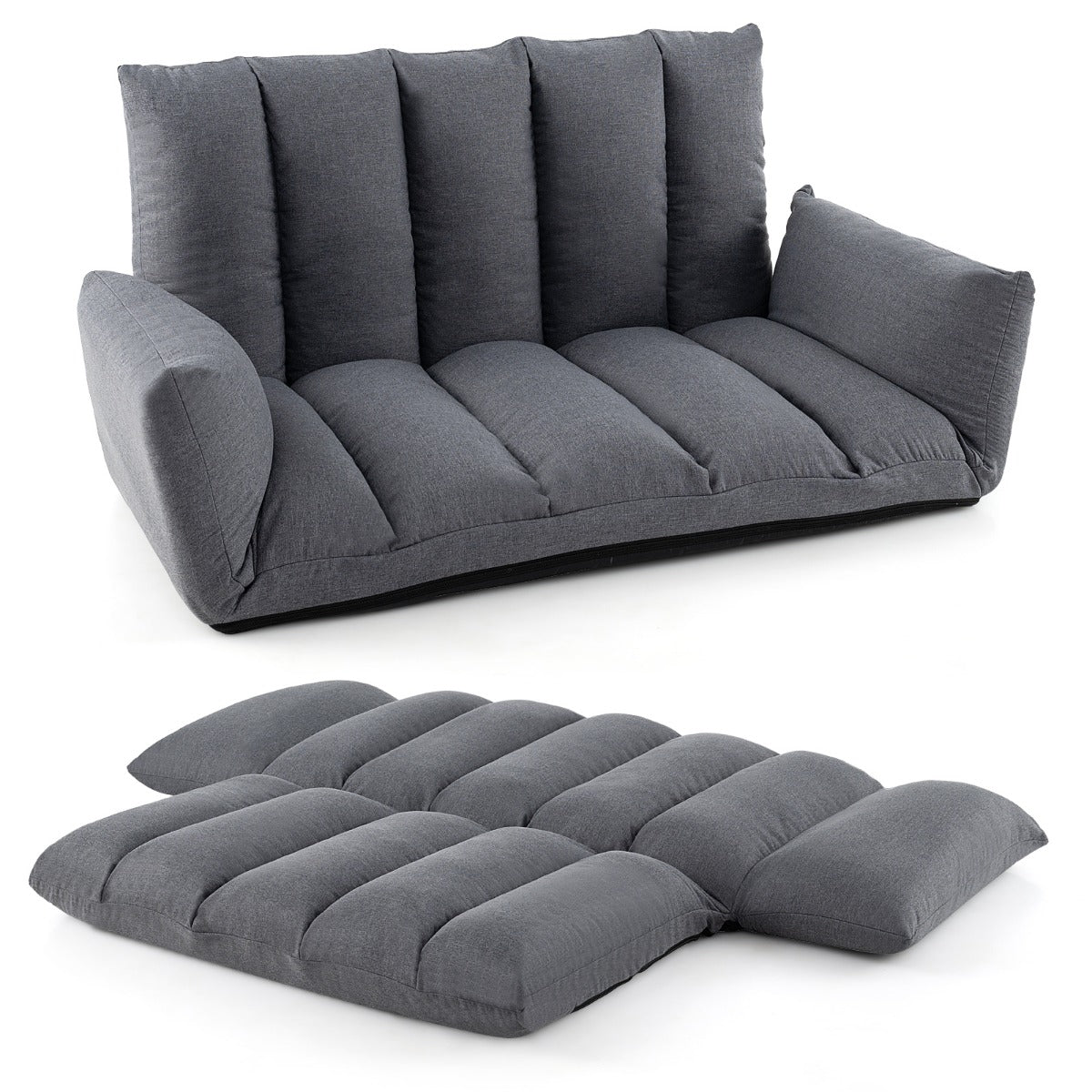 LIVSK Opvouwbare Vloerbank - 5 Verstelbare Rugleuningposities - Luxe Bekleding - Ruimtebesparend - 119 x 76 x 60 cm - Grijs