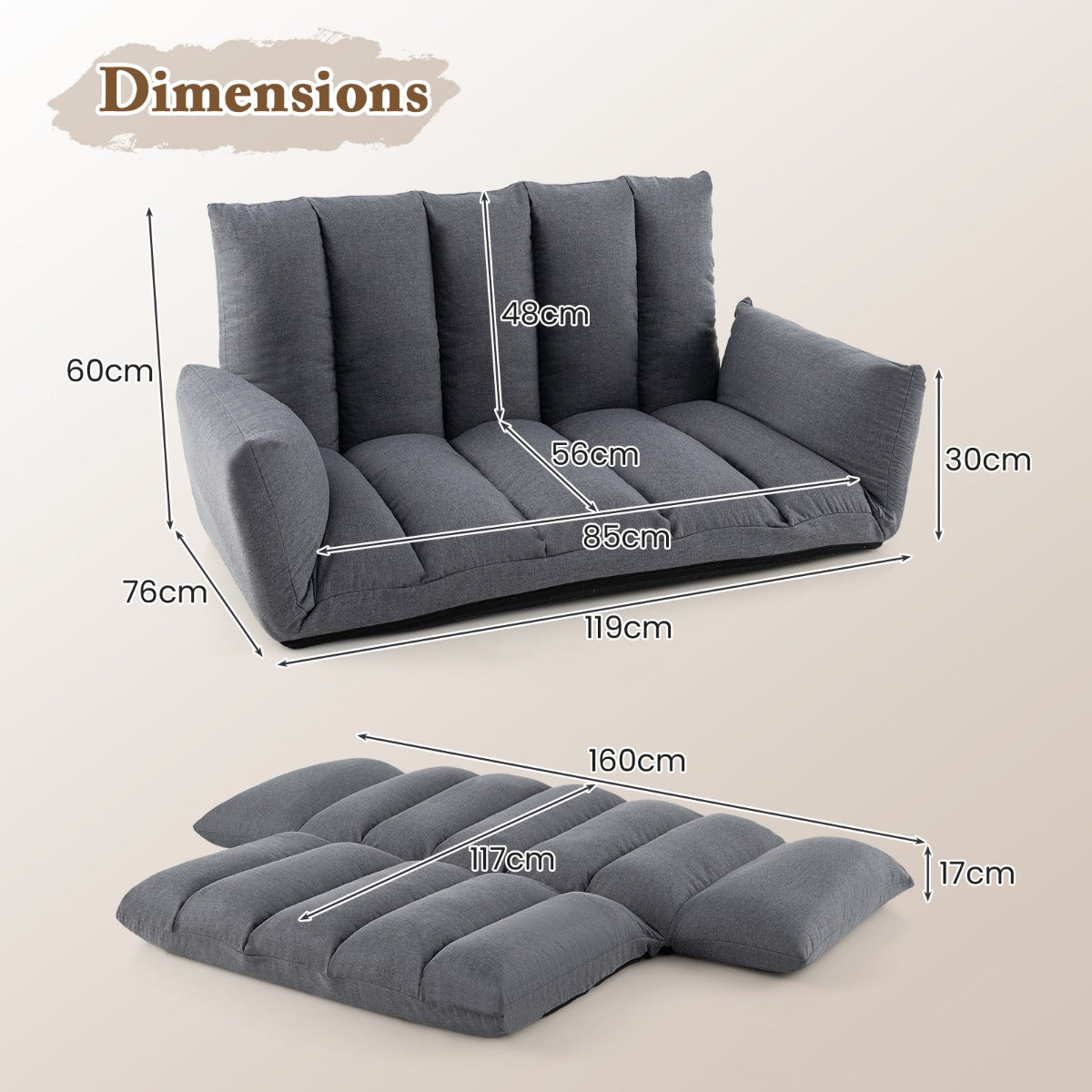 LIVSK Opvouwbare Vloerbank - 5 Verstelbare Rugleuningposities - Luxe Bekleding - Ruimtebesparend - 119 x 76 x 60 cm - Grijs