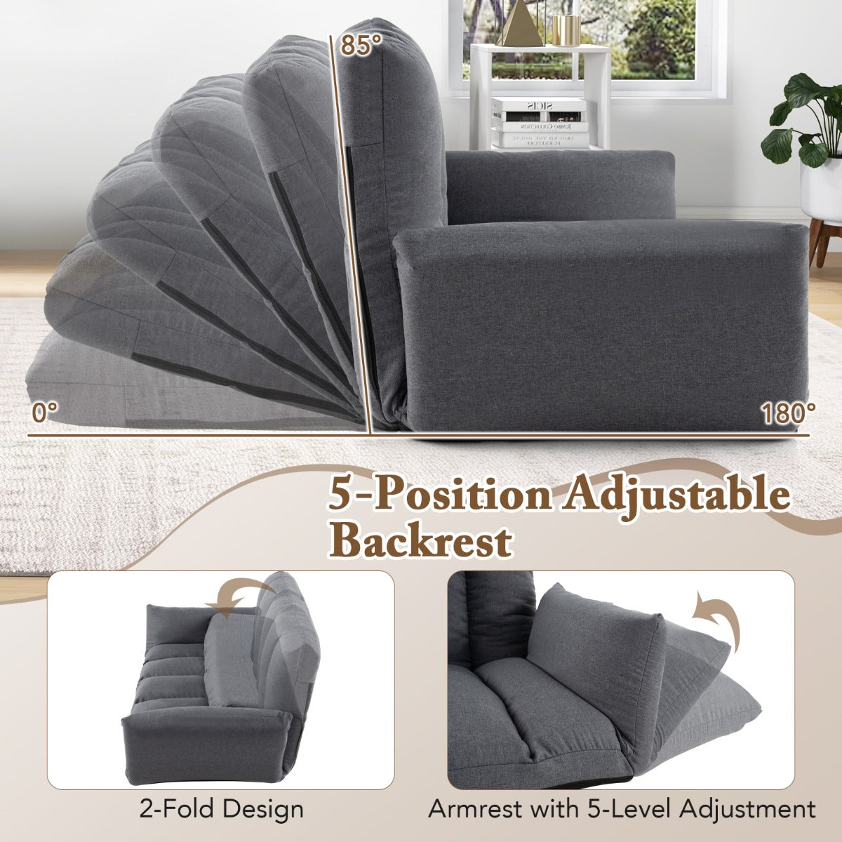 LIVSK Opvouwbare Vloerbank - 5 Verstelbare Rugleuningposities - Luxe Bekleding - Ruimtebesparend - 119 x 76 x 60 cm - Grijs