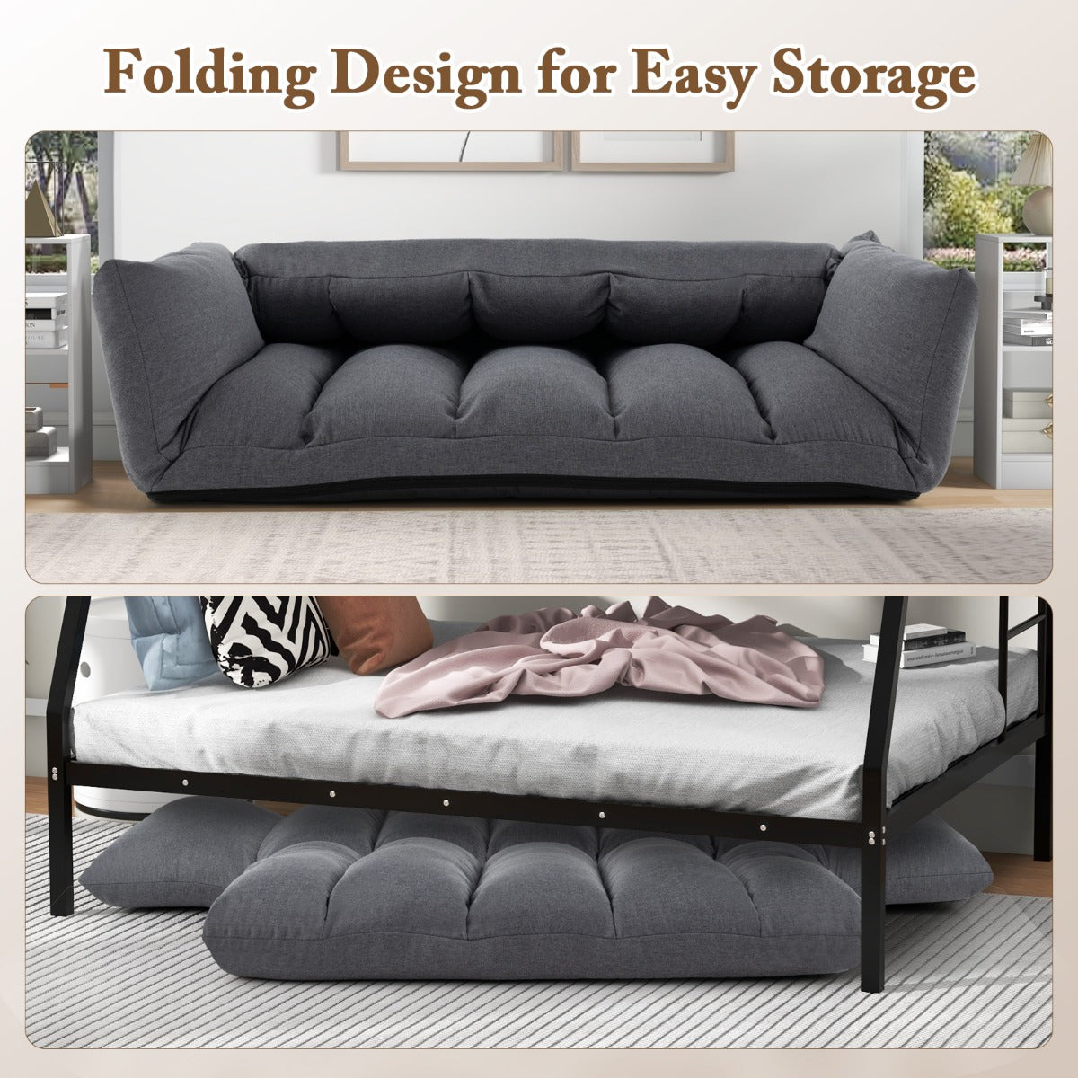 LIVSK Opvouwbare Vloerbank - 5 Verstelbare Rugleuningposities - Luxe Bekleding - Ruimtebesparend - 119 x 76 x 60 cm - Grijs