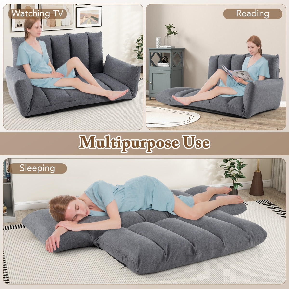 LIVSK Opvouwbare Vloerbank - 5 Verstelbare Rugleuningposities - Luxe Bekleding - Ruimtebesparend - 119 x 76 x 60 cm - Grijs