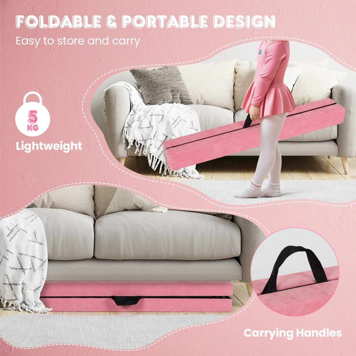 LIVSK Opvouwbare Evenwichtsbalk - EPE-schuim met Suède Bekleding - Antislip Onderkant - Draagbaar Ontwerp - Voor Kinderen - Roze