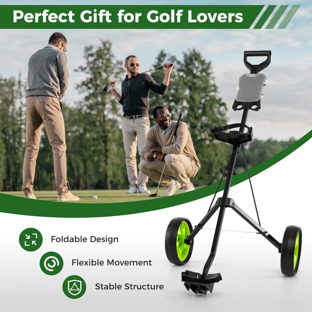 LIVSK Opvouwbare Golf Trolley - Robuust Stalen Frame - Slijtvast PP-wielen - Ergonomisch Ontwerp - Totale Draagcapaciteit - Groen
