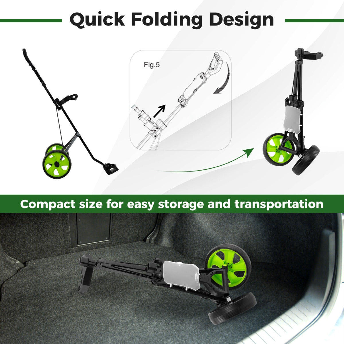 LIVSK Opvouwbare Golf Trolley - Robuust Stalen Frame - Slijtvast PP-wielen - Ergonomisch Ontwerp - Totale Draagcapaciteit - Groen