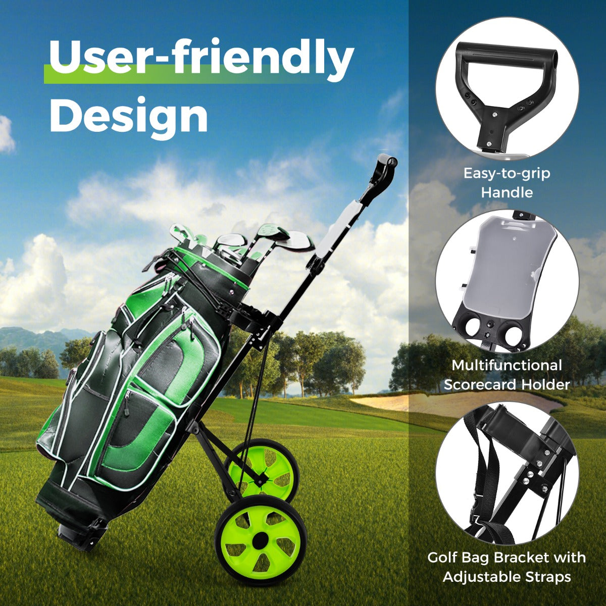 LIVSK Opvouwbare Golf Trolley - Robuust Stalen Frame - Slijtvast PP-wielen - Ergonomisch Ontwerp - Totale Draagcapaciteit - Groen