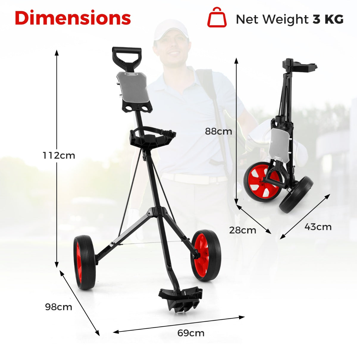LIVSK Opvouwbare Golftrolley - Stevig Stalen Frame - Slijtvaste 24 cm Wielen - Ergonomisch & Draagbaar - Rood
