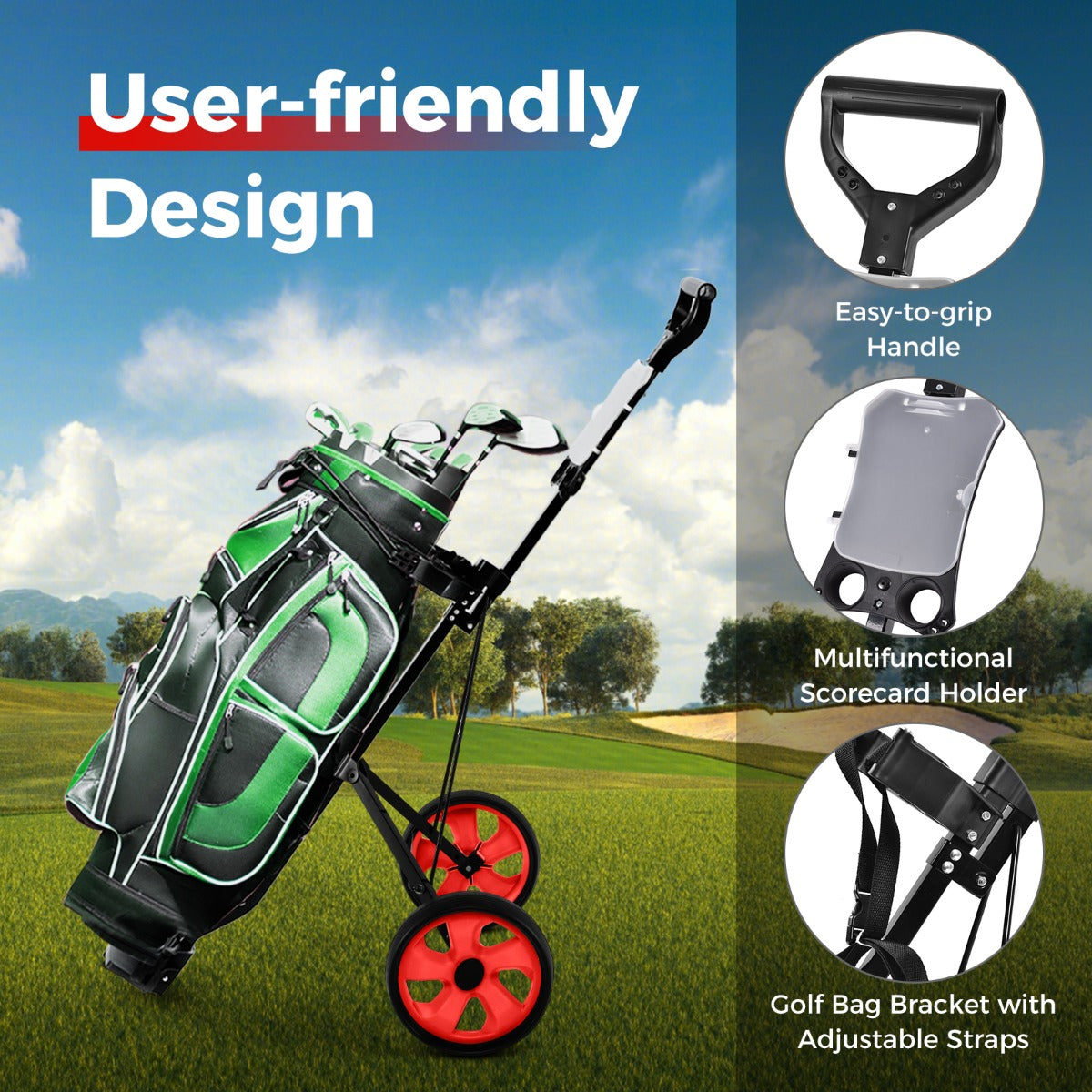 LIVSK Opvouwbare Golftrolley - Stevig Stalen Frame - Slijtvaste 24 cm Wielen - Ergonomisch & Draagbaar - Rood