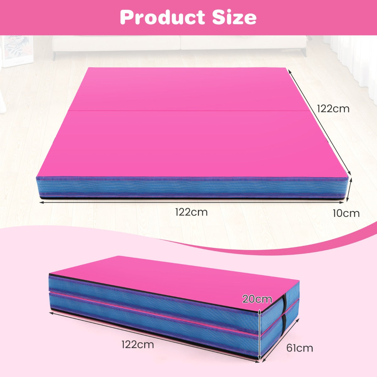 Livsk costway opvouwbare gymmat 122 x 122 x 10 cm dikte dubbel opvouwbare gym en tumblingmat roze 1 1