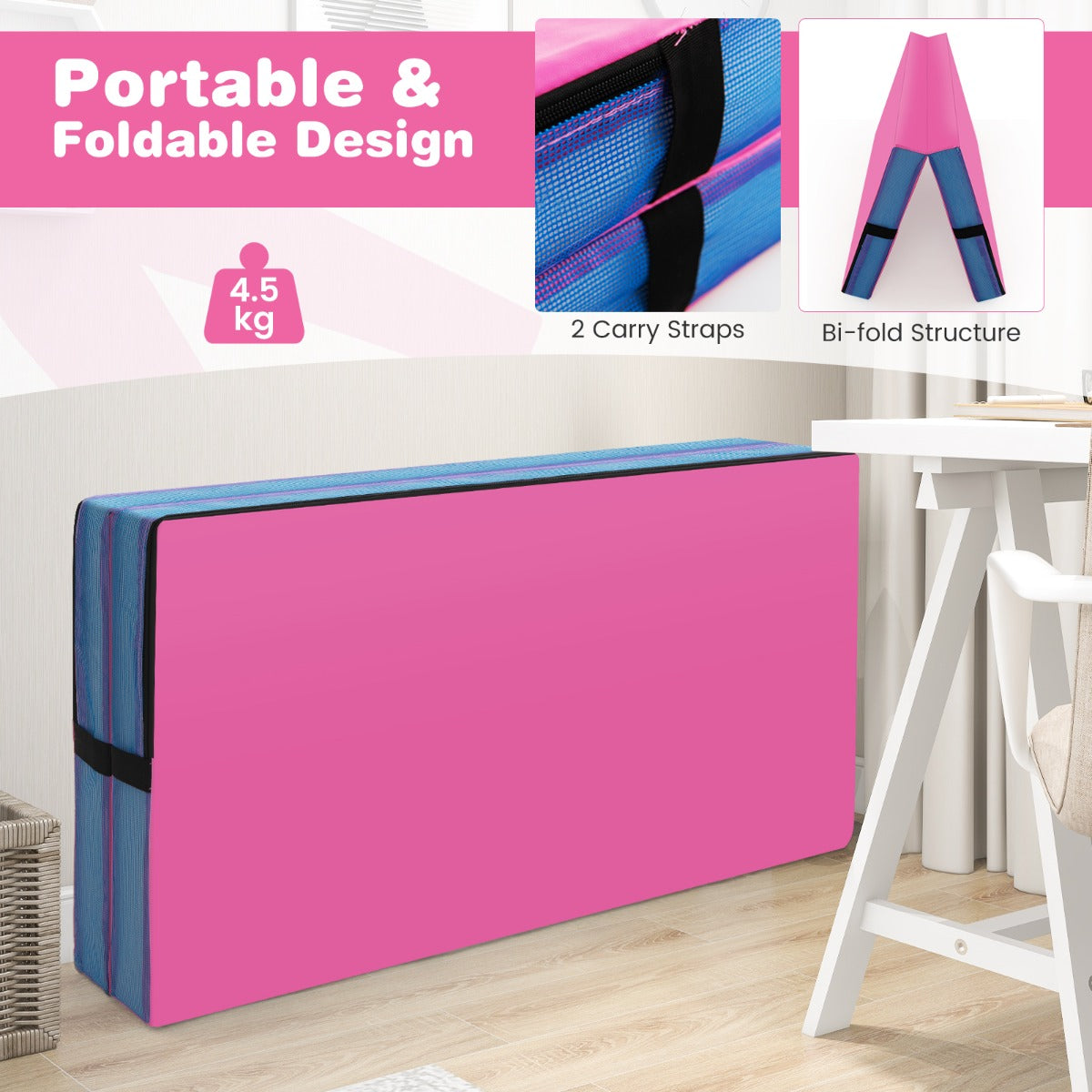 Livsk costway opvouwbare gymmat 122 x 122 x 10 cm dikte dubbel opvouwbare gym en tumblingmat roze 2
